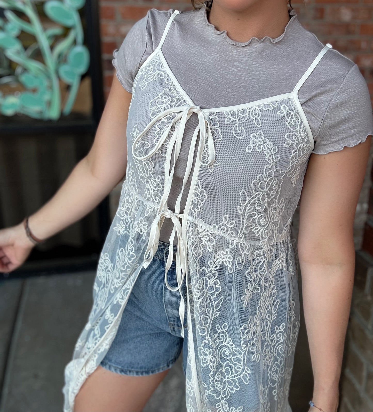 Delicate Tie Front Lace Overlay