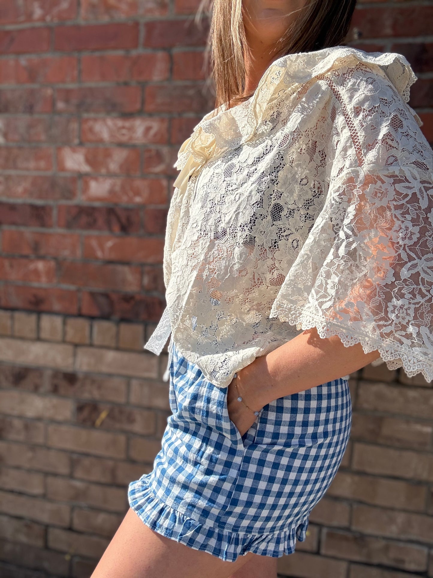 Ruffle Lace Trim Tie Front Blouse
