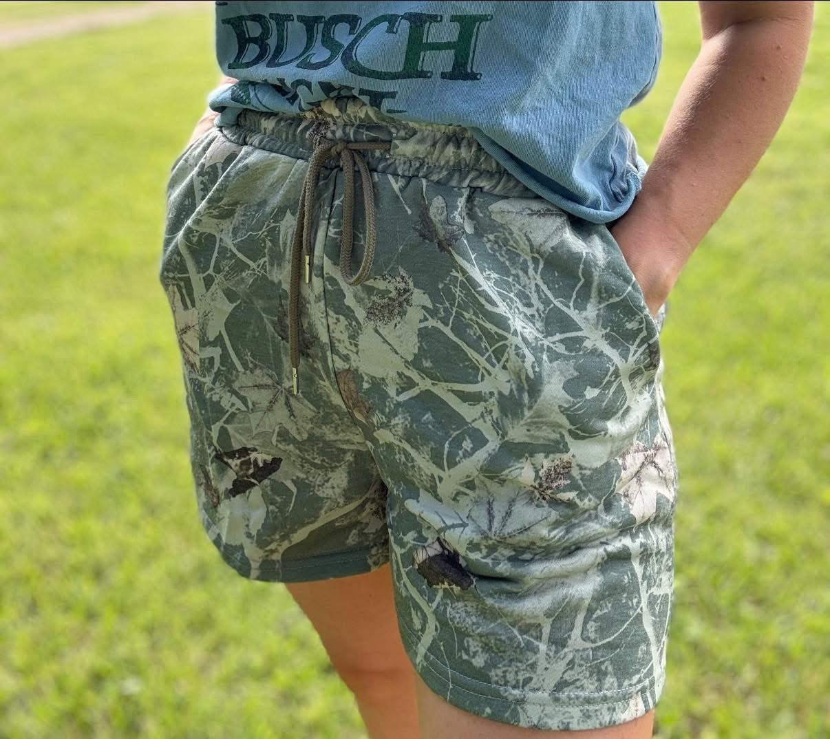 RIVERBANK GREEN CAMO DRAWSTRING SHORTS