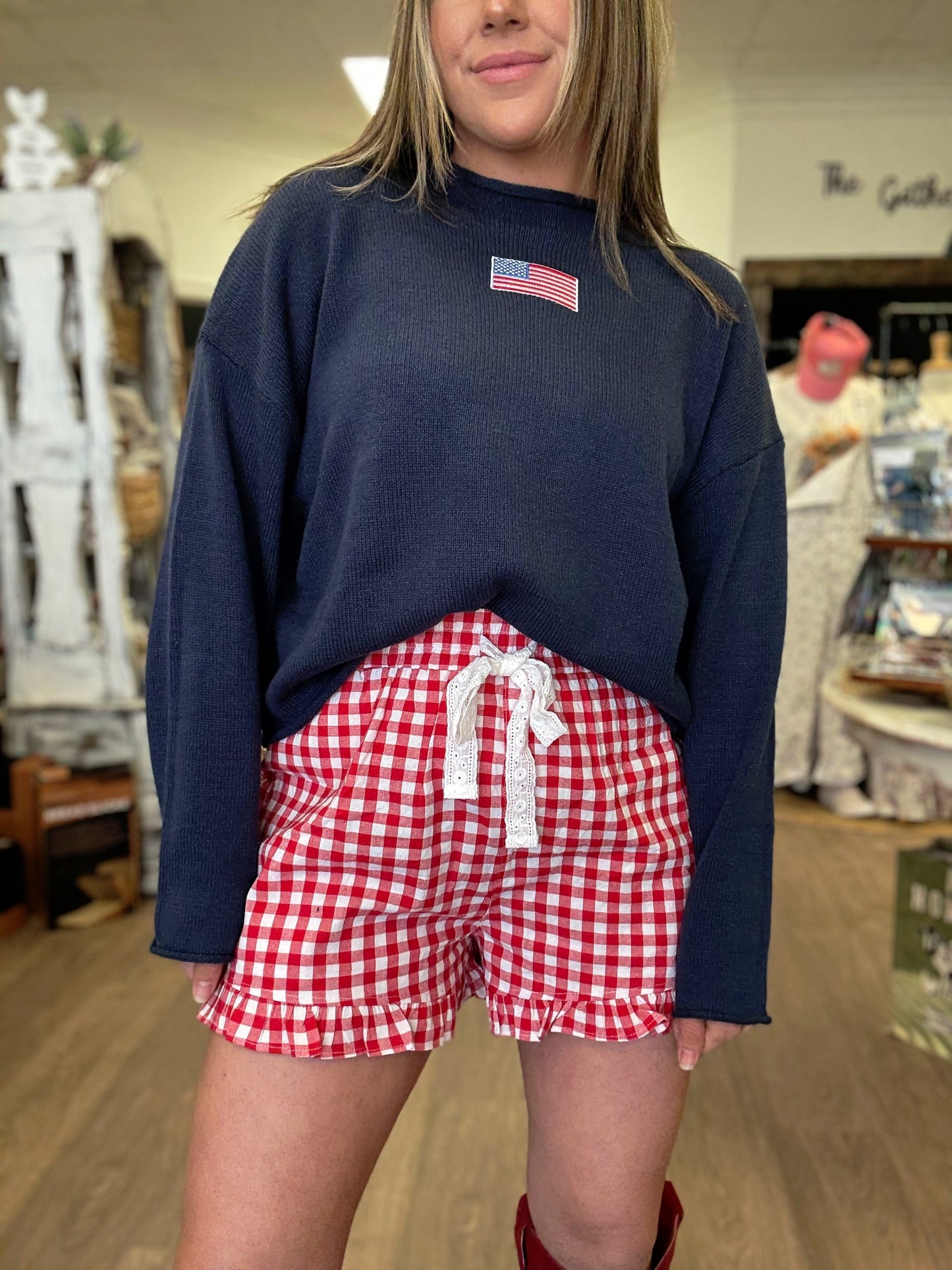 Red Gingham Lace Cotton Tie Shorts