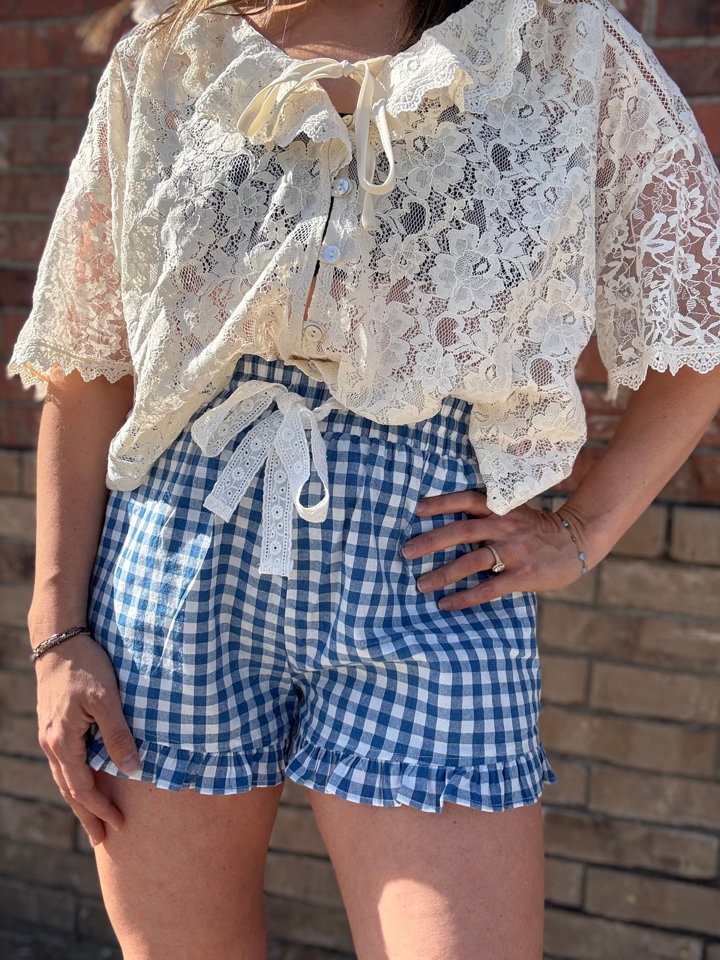 Ruffle Lace Trim Tie Front Blouse