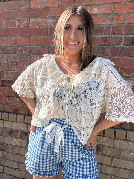 Royal Gingham Lace Cotton Tie Shorts