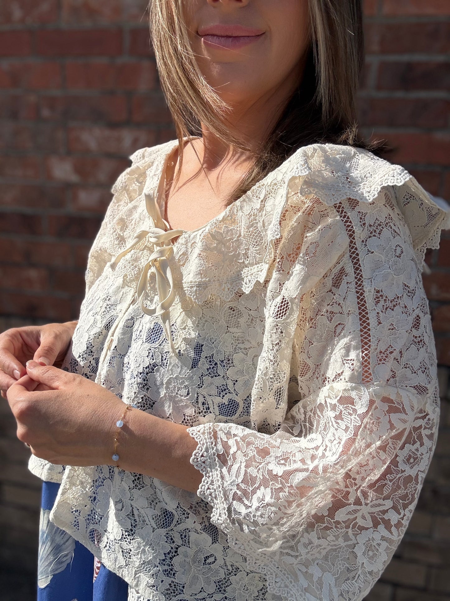 Ruffle Lace Trim Tie Front Blouse