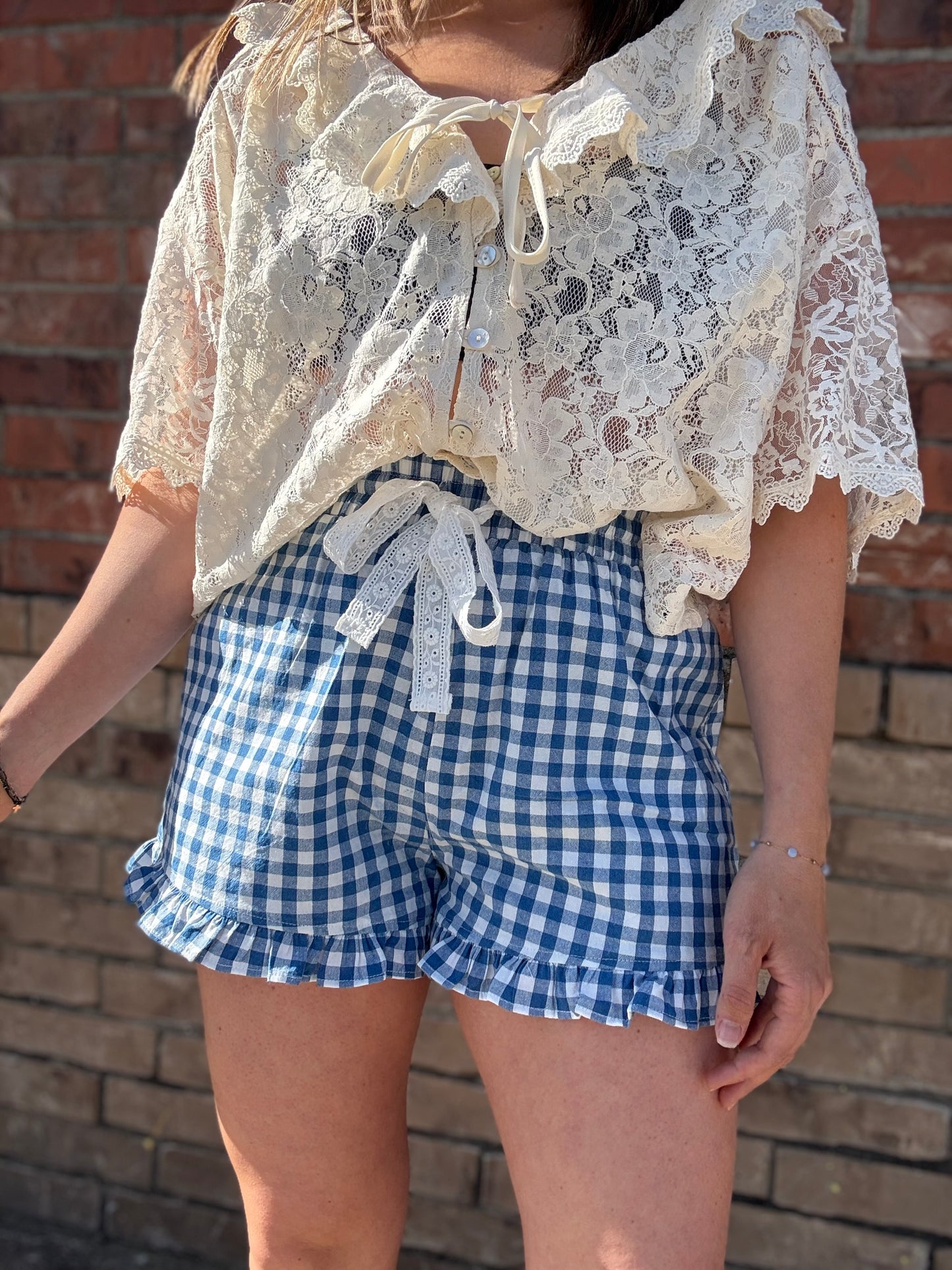 Ruffle Lace Trim Tie Front Blouse