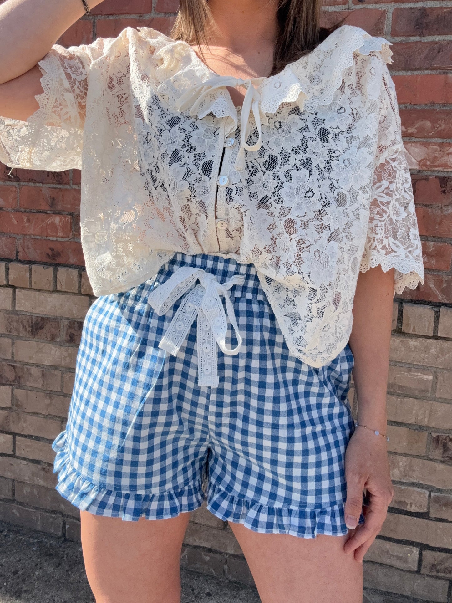 Ruffle Lace Trim Tie Front Blouse