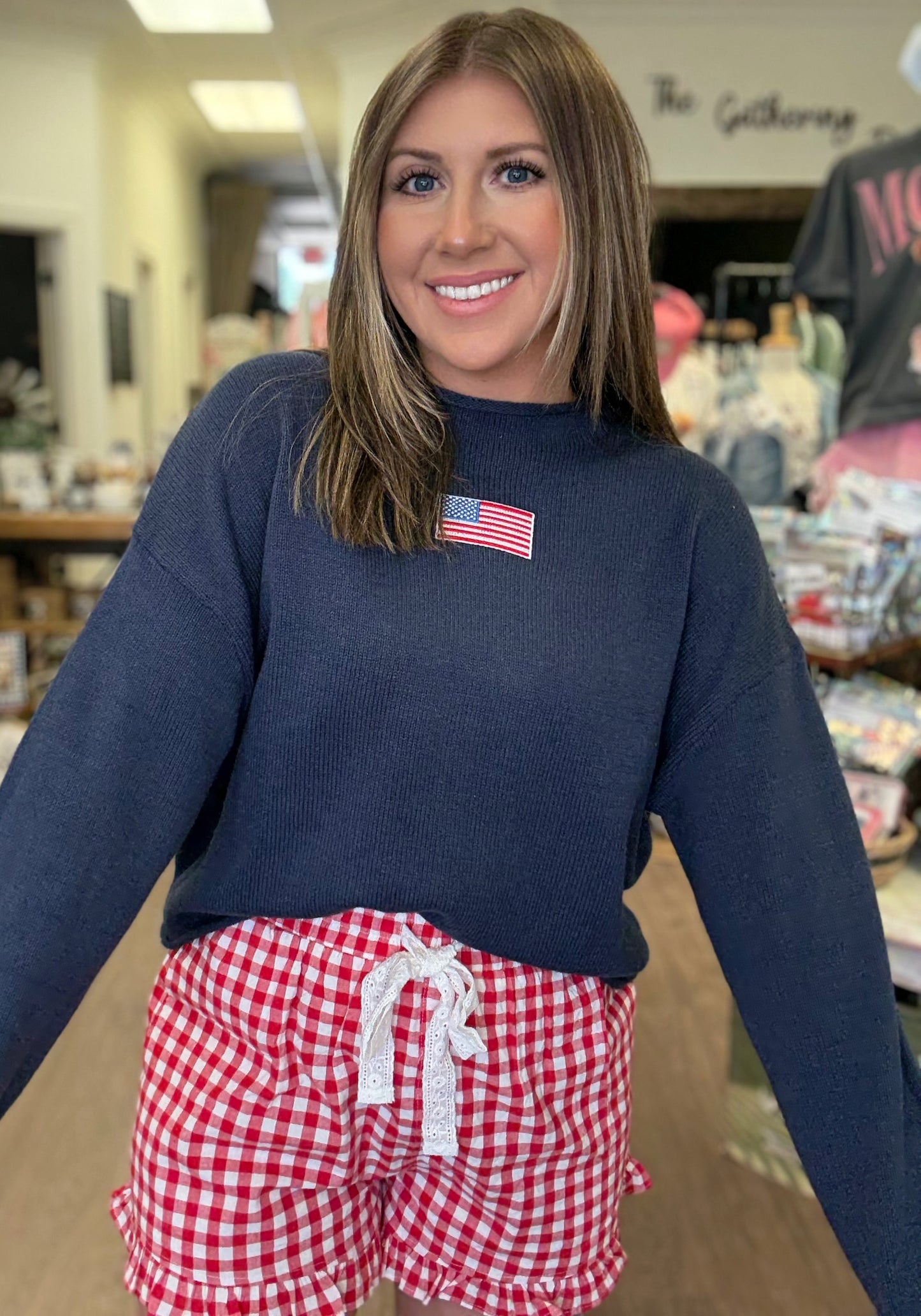 Red Gingham Lace Cotton Tie Shorts