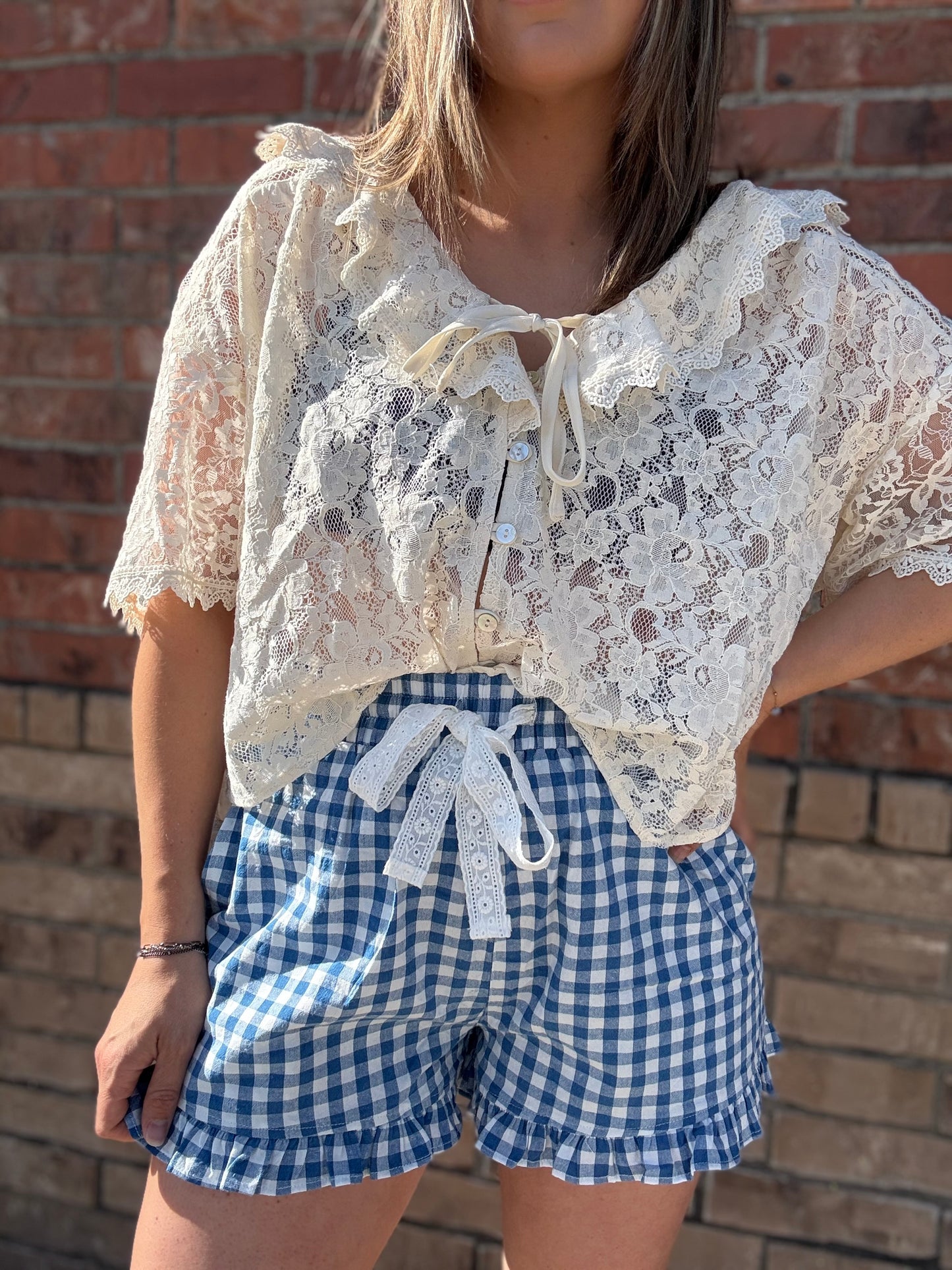 Ruffle Lace Trim Tie Front Blouse