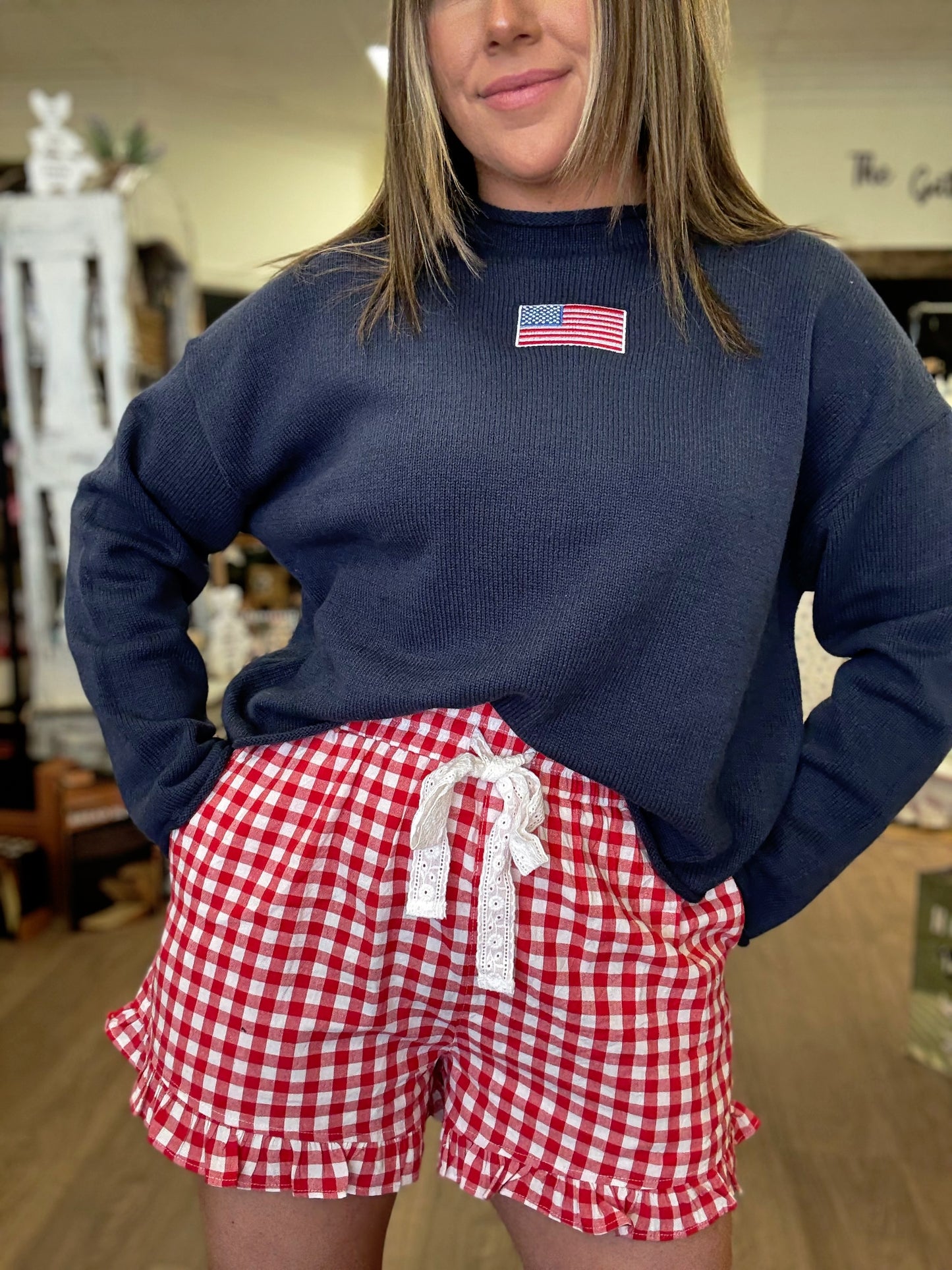 Red Gingham Lace Cotton Tie Shorts
