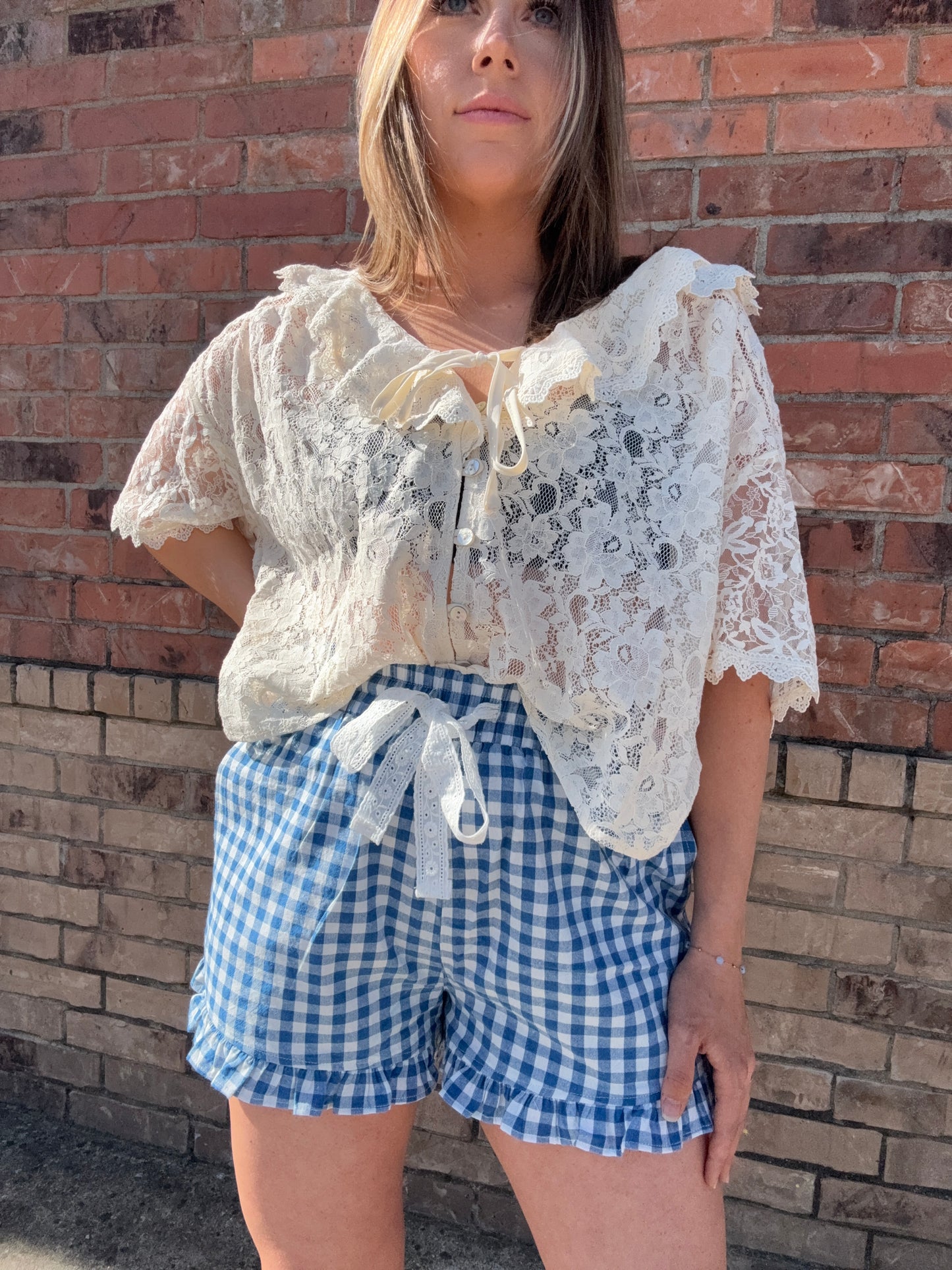 Ruffle Lace Trim Tie Front Blouse