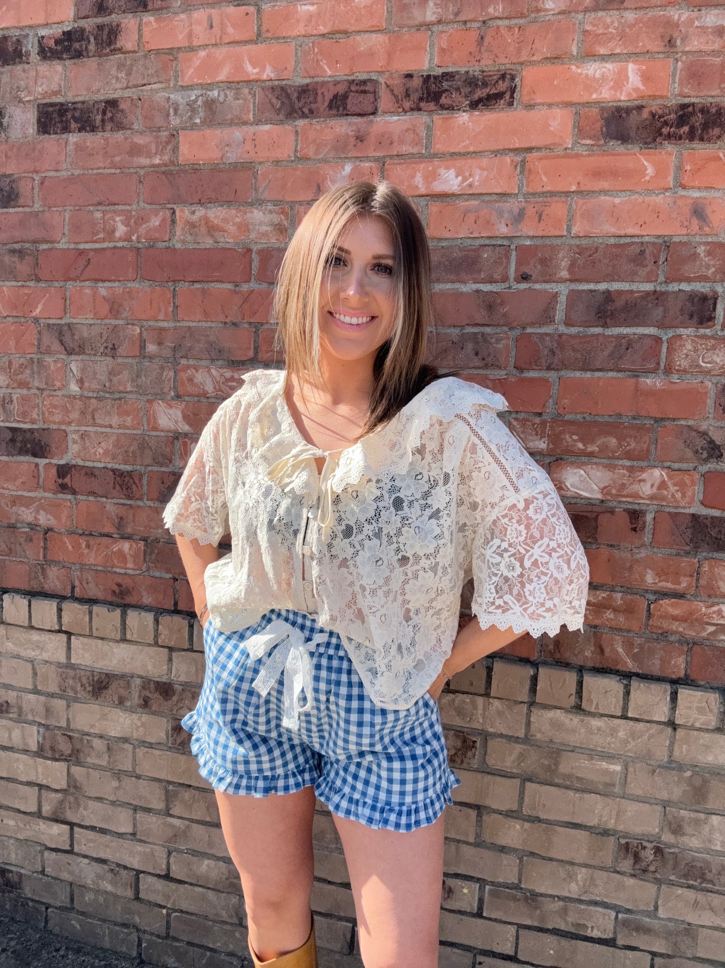 Ruffle Lace Trim Tie Front Blouse