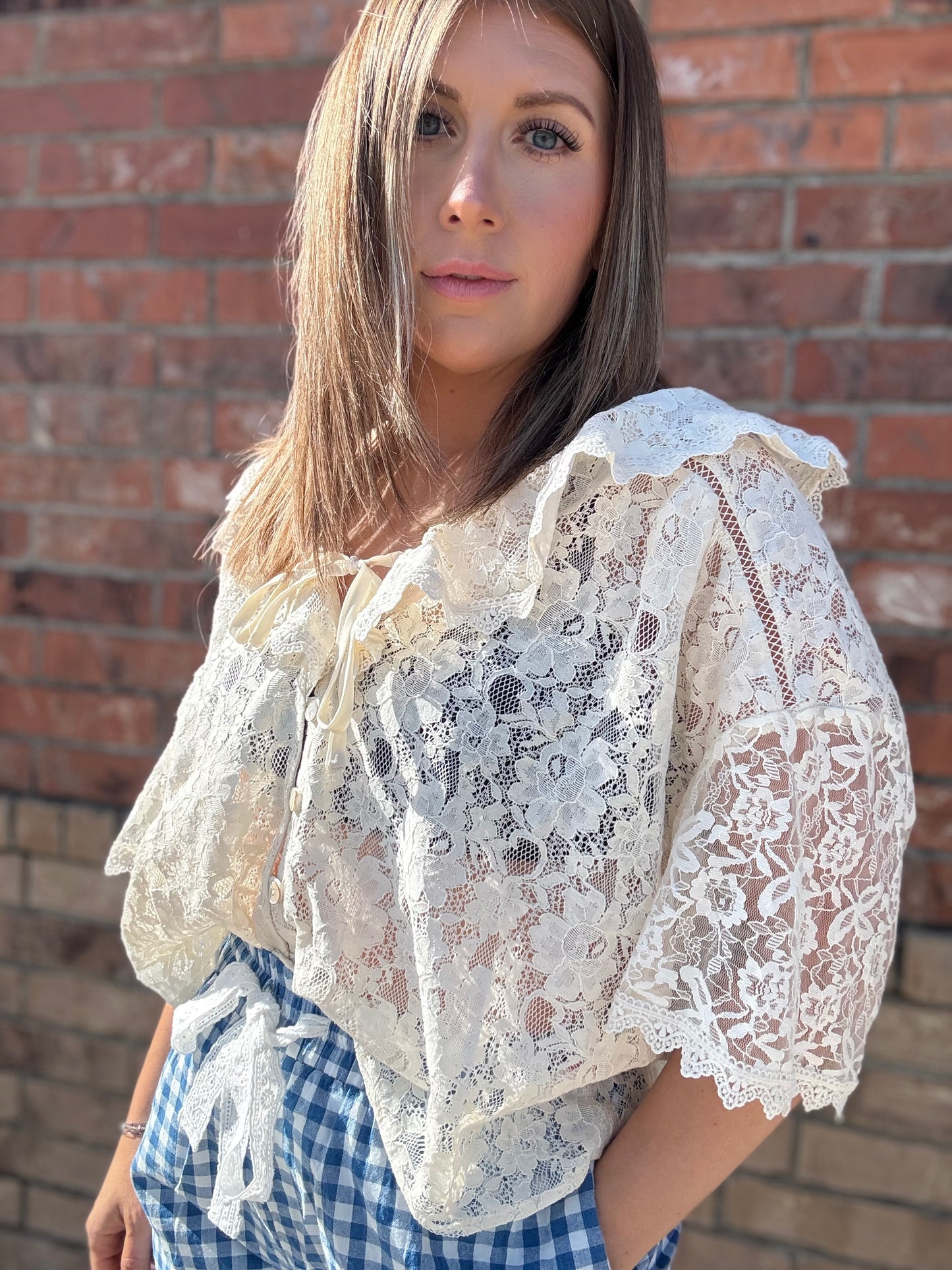 Ruffle Lace Trim Tie Front Blouse