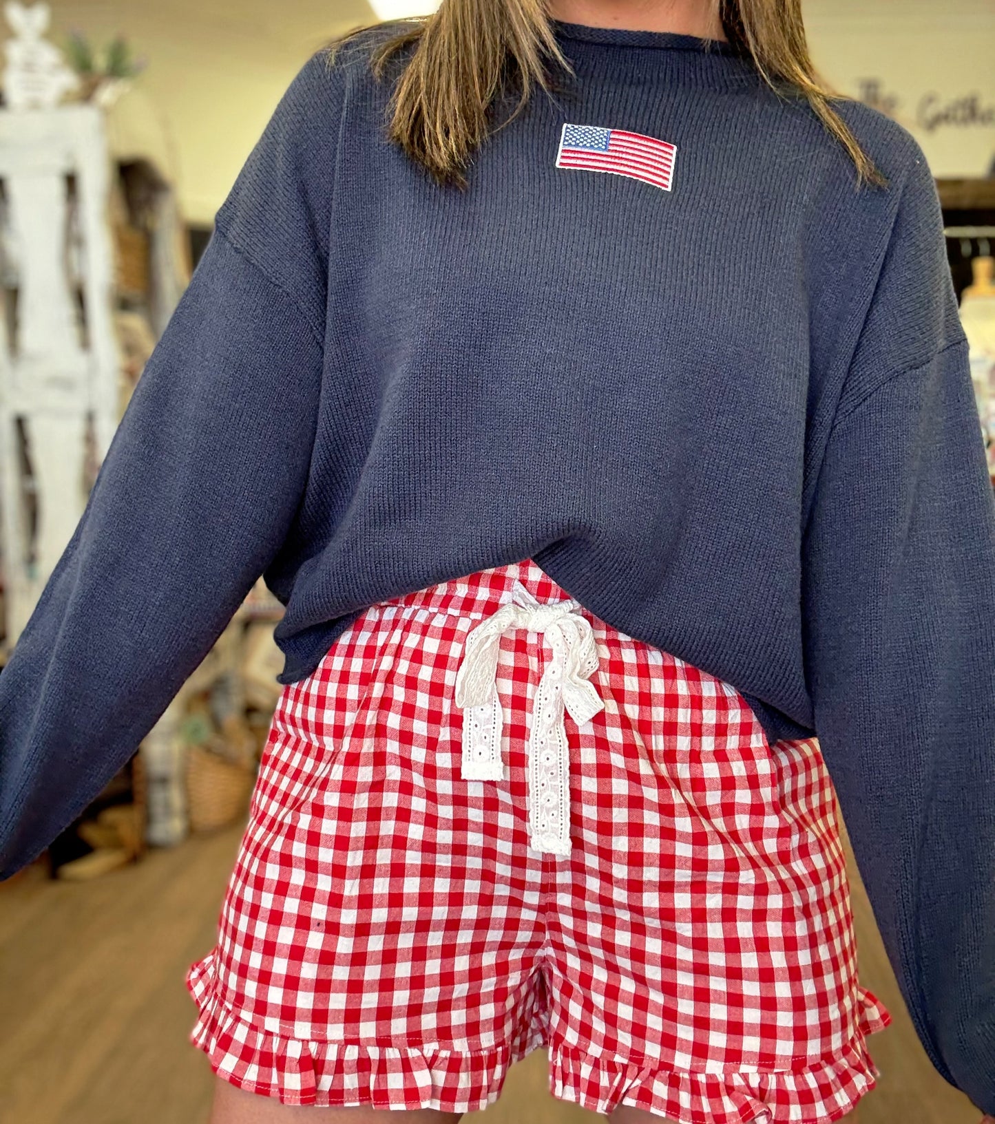 Red Gingham Lace Cotton Tie Shorts