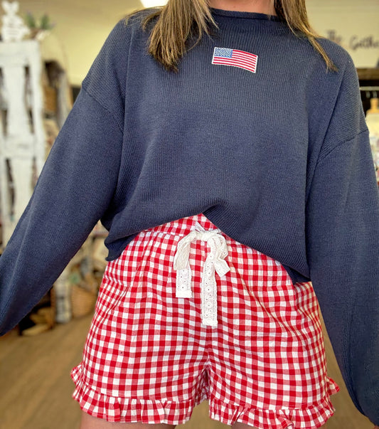 Red Gingham Lace Cotton Tie Shorts