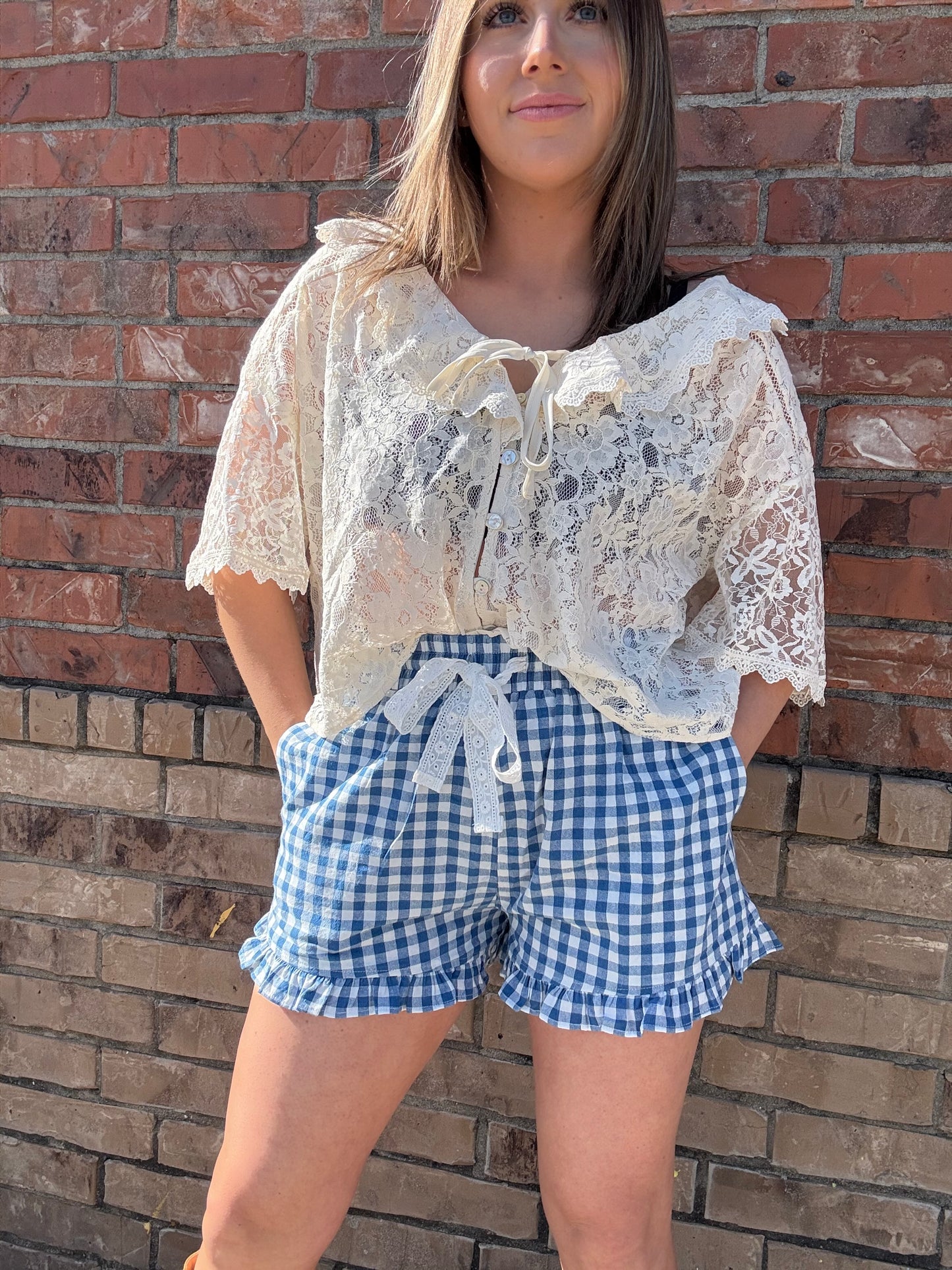 Royal Gingham Lace Cotton Tie Shorts