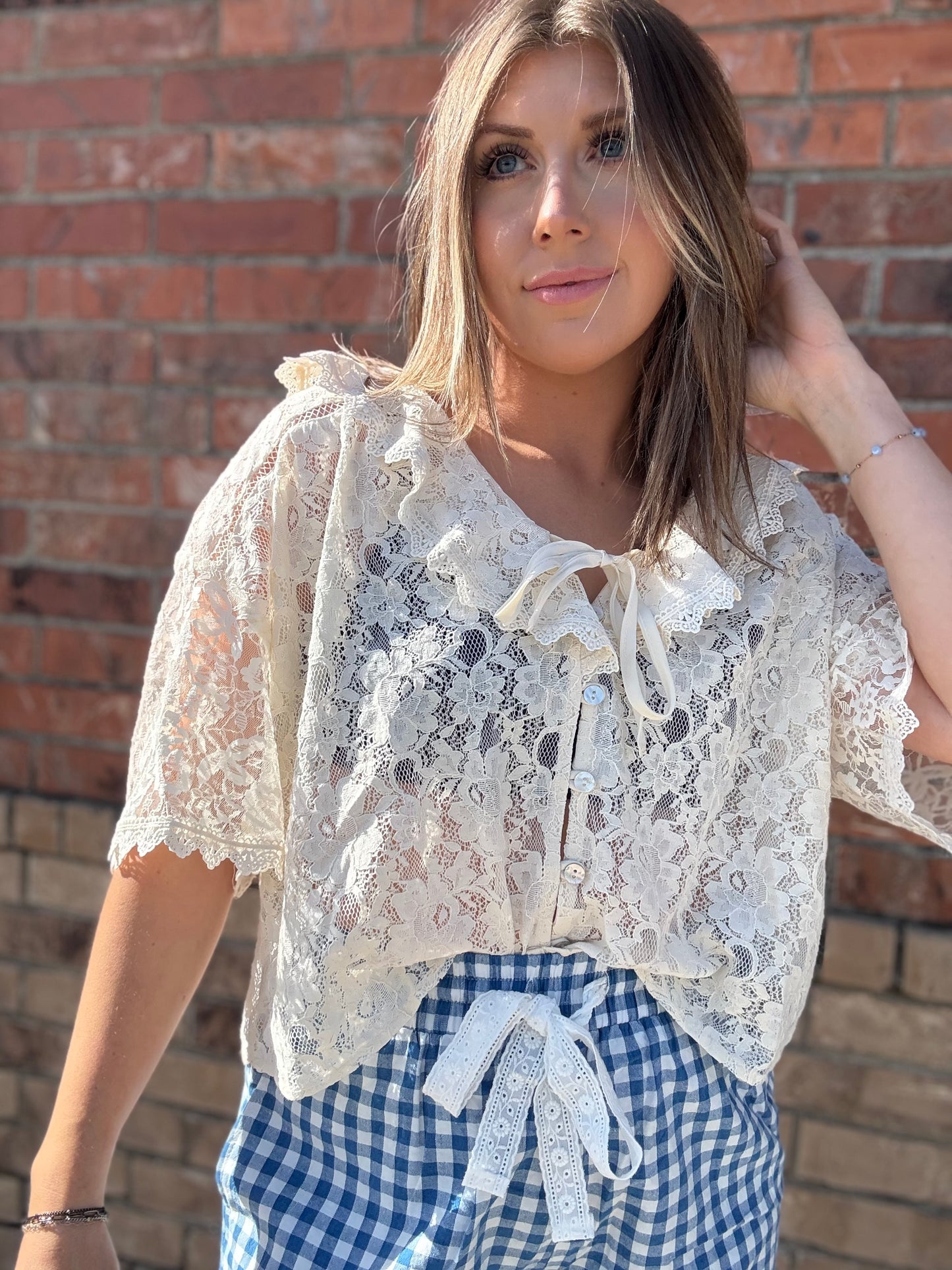Ruffle Lace Trim Tie Front Blouse