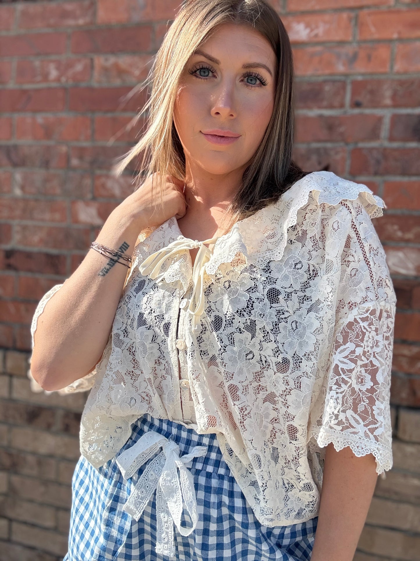 Ruffle Lace Trim Tie Front Blouse