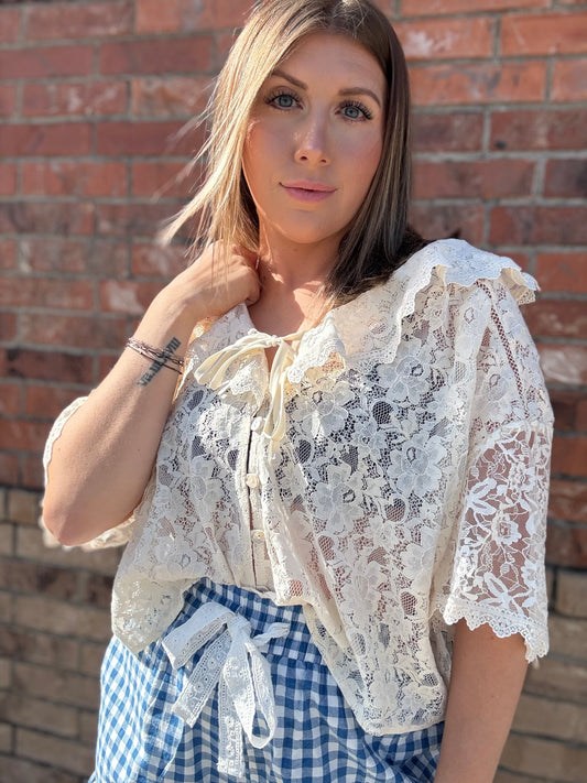 Ruffle Lace Trim Tie Front Blouse